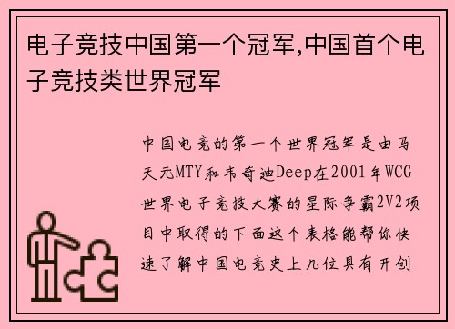 电子竞技中国第一个冠军,中国首个电子竞技类世界冠军